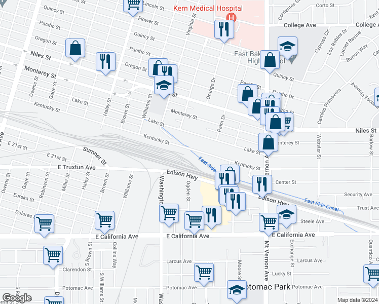 map of restaurants, bars, coffee shops, grocery stores, and more near 1822 Kentucky Street in Bakersfield