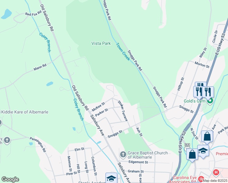 map of restaurants, bars, coffee shops, grocery stores, and more near 1612 Stoker Terrace in Albemarle