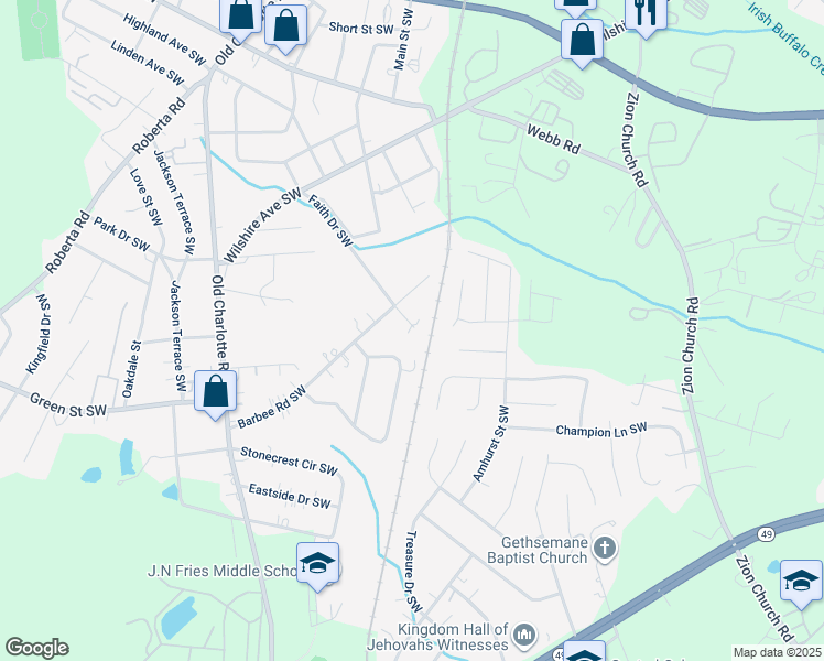 map of restaurants, bars, coffee shops, grocery stores, and more near 663 Faith Drive Southwest in Concord