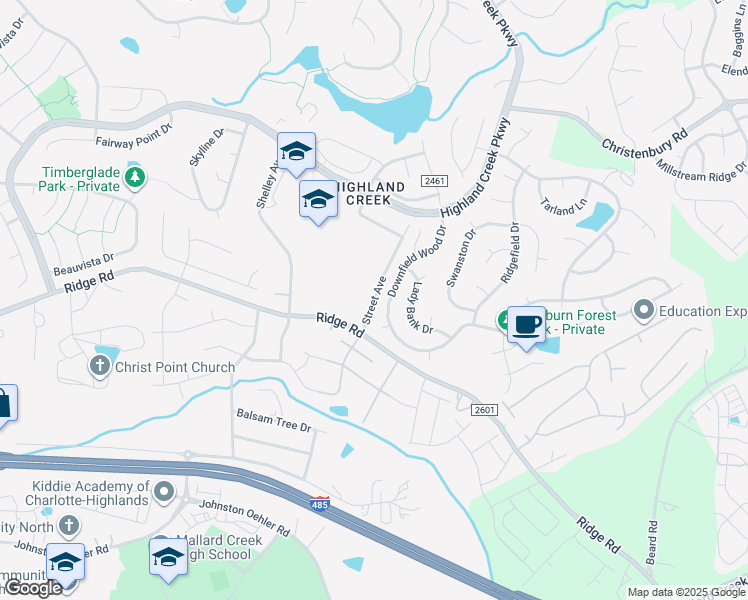 map of restaurants, bars, coffee shops, grocery stores, and more near 5940 Downfield Wood Drive in Charlotte