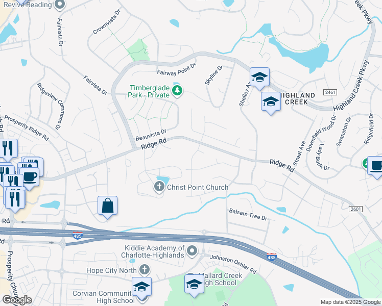 map of restaurants, bars, coffee shops, grocery stores, and more near 2011 Highland Knoll Drive in Charlotte