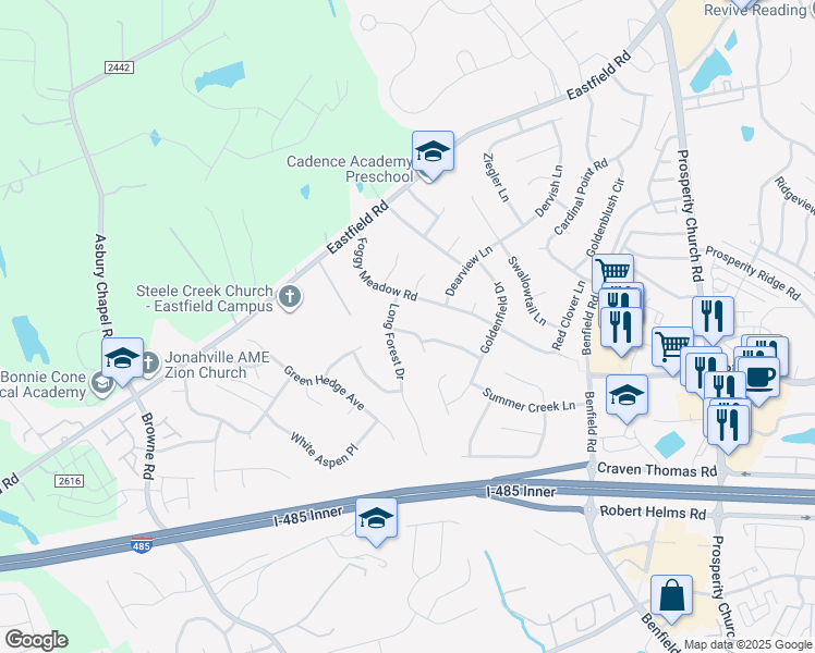 map of restaurants, bars, coffee shops, grocery stores, and more near 9317 Foggy Meadow Road in Charlotte