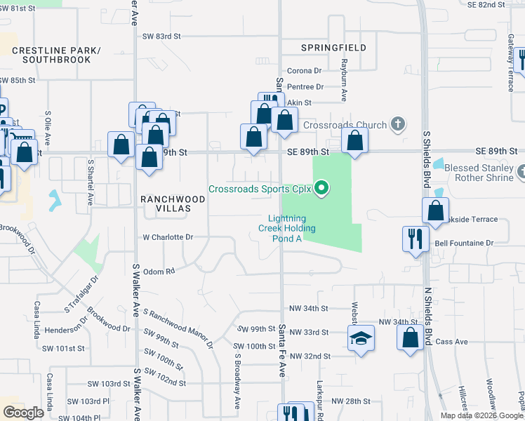 map of restaurants, bars, coffee shops, grocery stores, and more near 13 Church Way in Oklahoma City