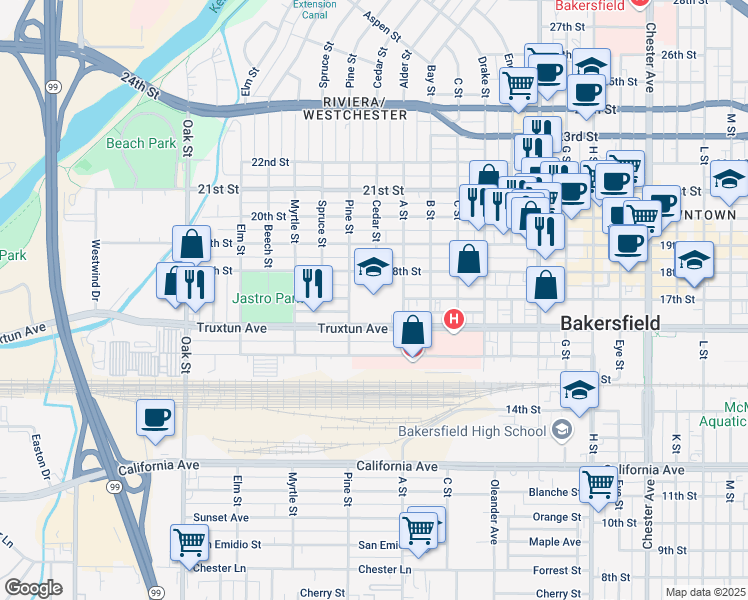 map of restaurants, bars, coffee shops, grocery stores, and more near 2400 Truxtun Avenue in Bakersfield