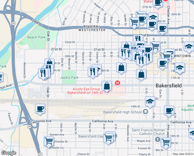 map of restaurants, bars, coffee shops, grocery stores, and more near 2400 Truxtun Avenue in Bakersfield