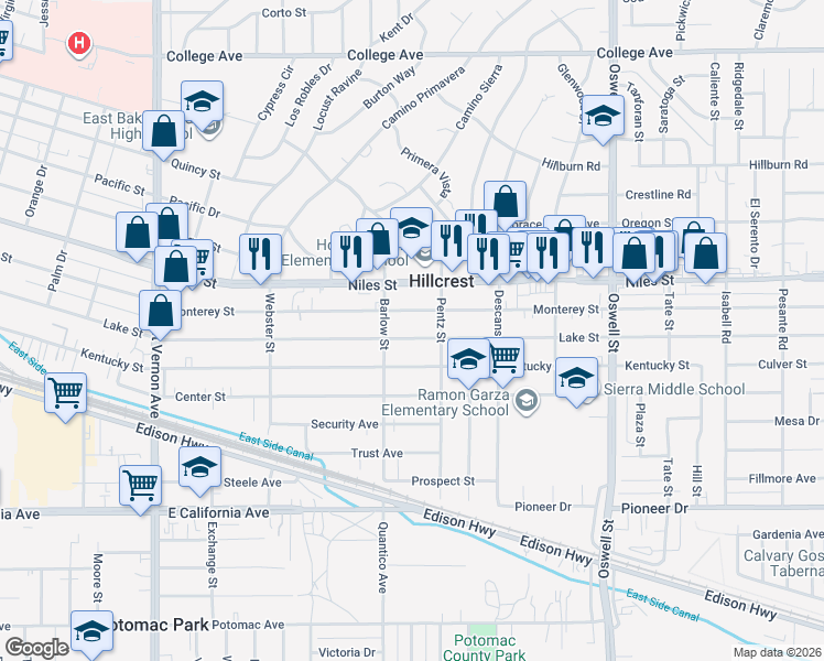 map of restaurants, bars, coffee shops, grocery stores, and more near 2720 Lake Street in Bakersfield