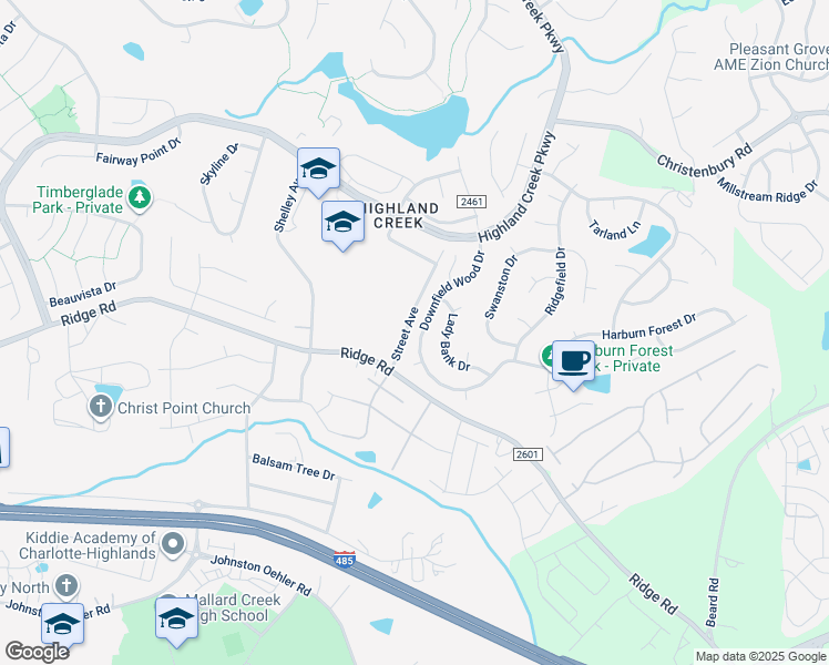 map of restaurants, bars, coffee shops, grocery stores, and more near 5940 Downfield Wood Drive in Charlotte