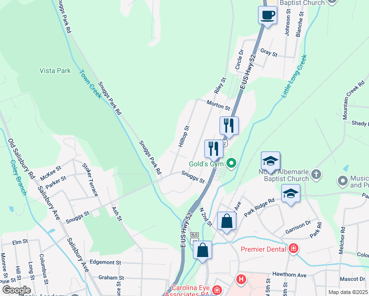 map of restaurants, bars, coffee shops, grocery stores, and more near 1452 Hilltop Street in Albemarle