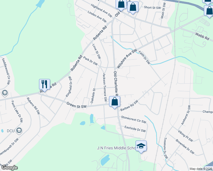 map of restaurants, bars, coffee shops, grocery stores, and more near 34 Admiral Avenue Southwest in Concord
