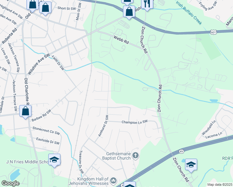 map of restaurants, bars, coffee shops, grocery stores, and more near 503 Amhurst Street Southwest in Concord