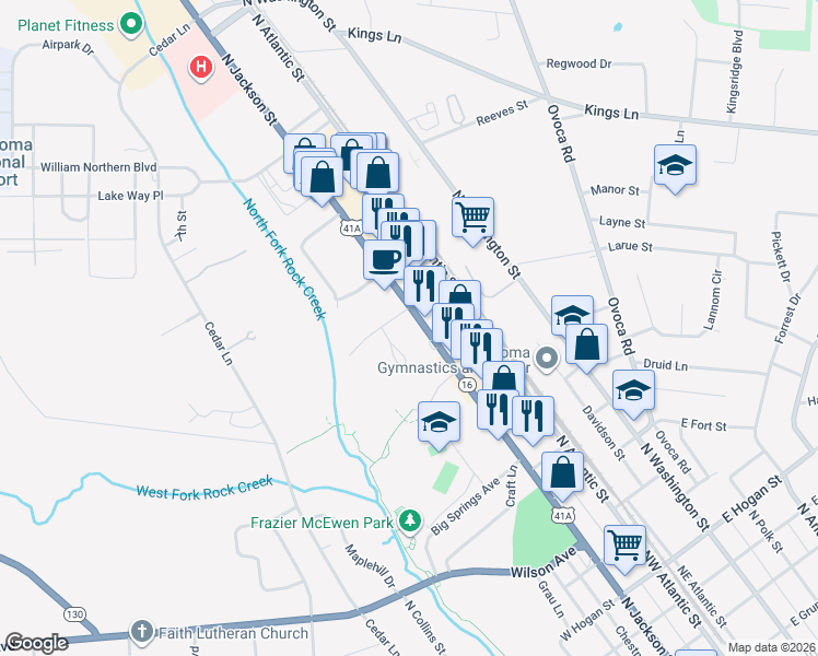 map of restaurants, bars, coffee shops, grocery stores, and more near 1341 North Jackson Street in Tullahoma