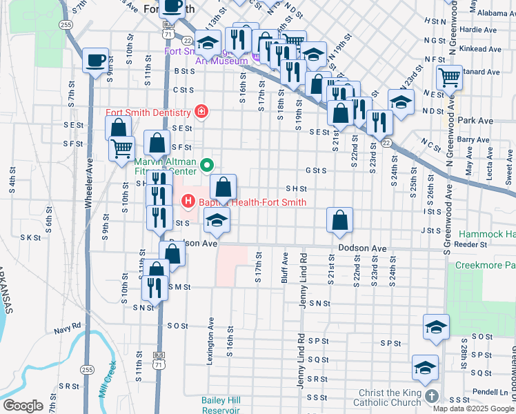 map of restaurants, bars, coffee shops, grocery stores, and more near 1699 I St S in Fort Smith