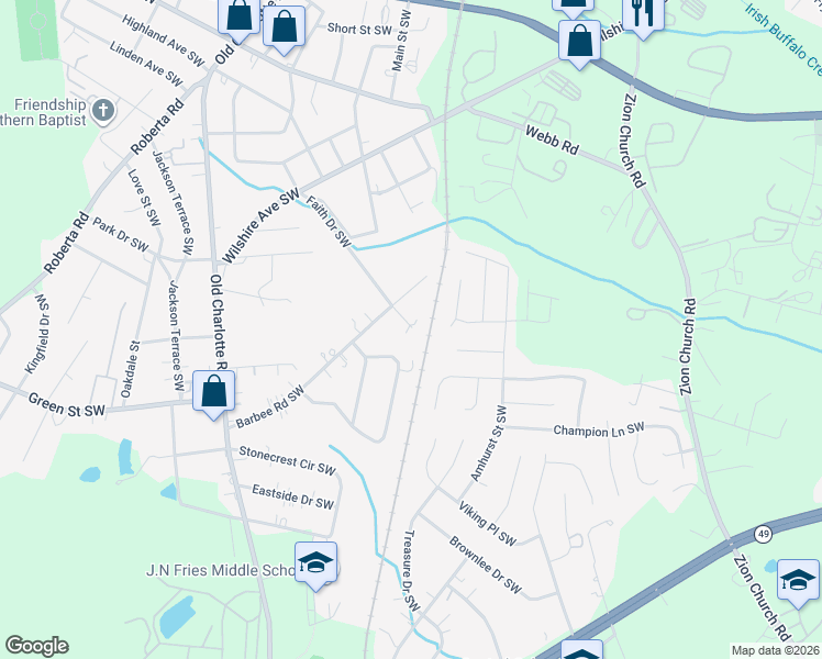 map of restaurants, bars, coffee shops, grocery stores, and more near 658 Faith Drive Southwest in Concord