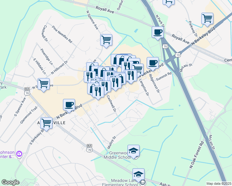map of restaurants, bars, coffee shops, grocery stores, and more near 506 North Berkeley Boulevard in Goldsboro