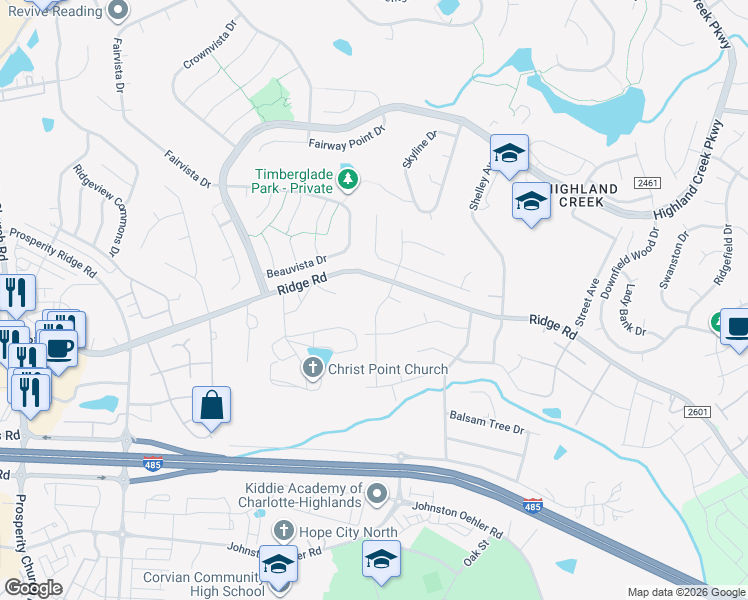 map of restaurants, bars, coffee shops, grocery stores, and more near 2011 Highland Knoll Drive in Charlotte