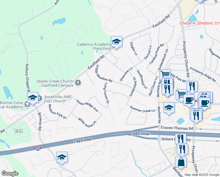 map of restaurants, bars, coffee shops, grocery stores, and more near 9317 Foggy Meadow Road in Charlotte