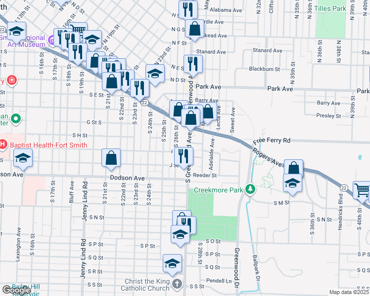 map of restaurants, bars, coffee shops, grocery stores, and more near 910 South Greenwood Avenue in Fort Smith