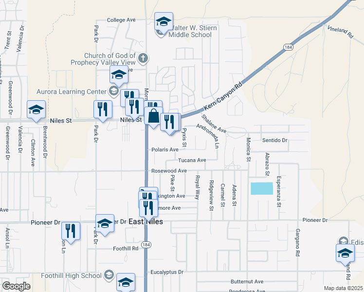 map of restaurants, bars, coffee shops, grocery stores, and more near 8336 Polaris Avenue in Bakersfield