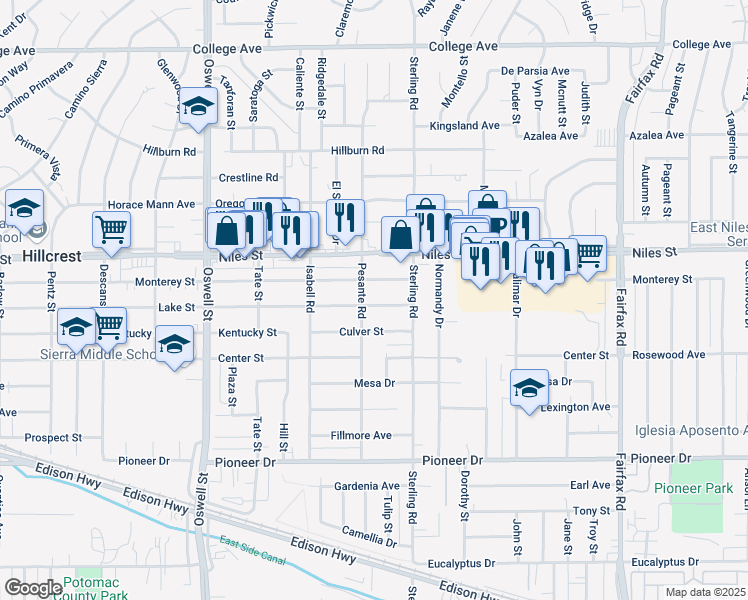 map of restaurants, bars, coffee shops, grocery stores, and more near 3404 Lake Street in Bakersfield