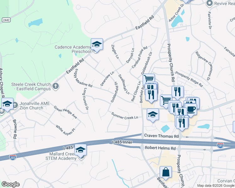 map of restaurants, bars, coffee shops, grocery stores, and more near 9196 Foggy Meadow Road in Charlotte
