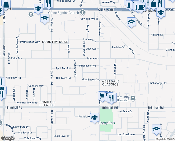 map of restaurants, bars, coffee shops, grocery stores, and more near 11500 Cedarhaven Avenue in Bakersfield