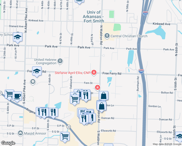 map of restaurants, bars, coffee shops, grocery stores, and more near 100 North 53rd Street in Fort Smith