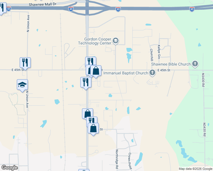 map of restaurants, bars, coffee shops, grocery stores, and more near 1104 Morning Side Court in Shawnee