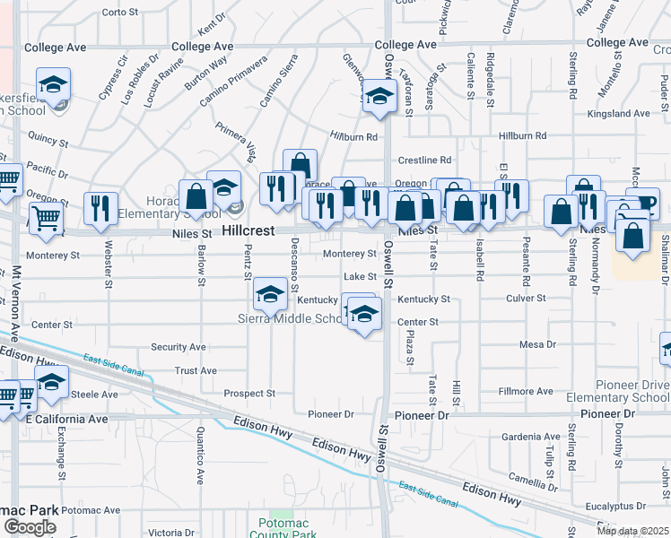 map of restaurants, bars, coffee shops, grocery stores, and more near 3002 Lake Street in Bakersfield