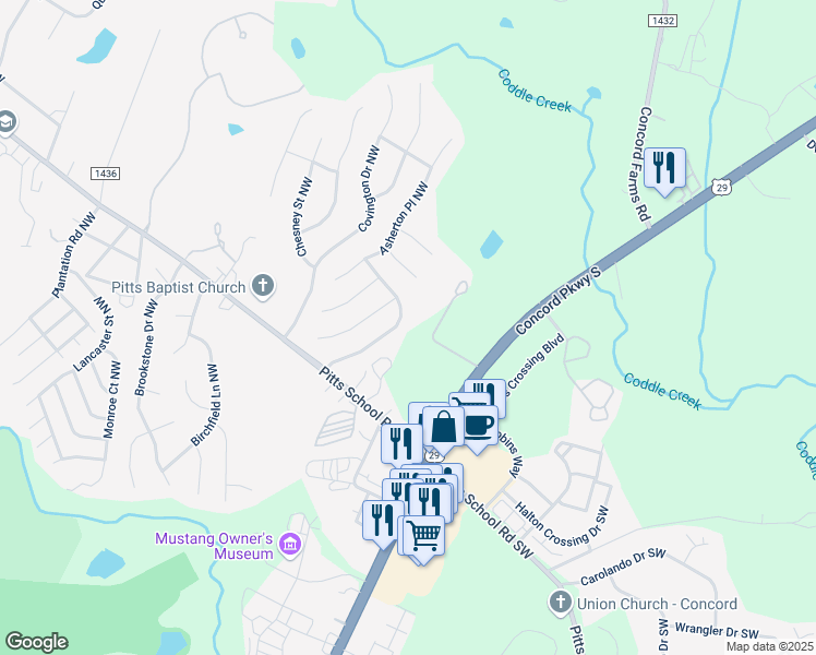 map of restaurants, bars, coffee shops, grocery stores, and more near 4939 Bentridge Drive Northwest in Concord