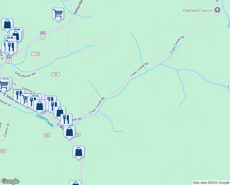 map of restaurants, bars, coffee shops, grocery stores, and more near 570 Cope Creek Road in Sylva