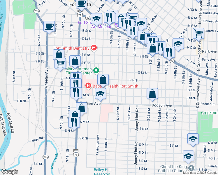 map of restaurants, bars, coffee shops, grocery stores, and more near 1601-1699 I St S in Fort Smith