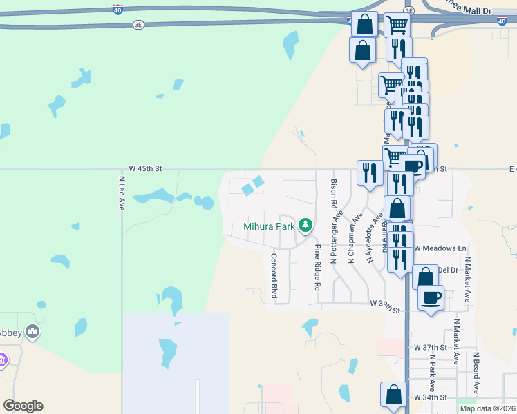 map of restaurants, bars, coffee shops, grocery stores, and more near 22 Tawana Drive in Shawnee