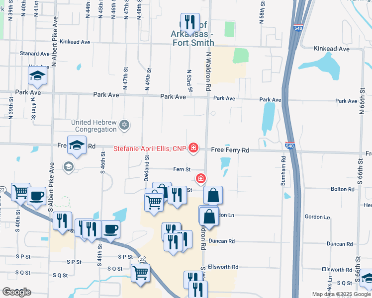 map of restaurants, bars, coffee shops, grocery stores, and more near 5212 Free Ferry Road in Fort Smith