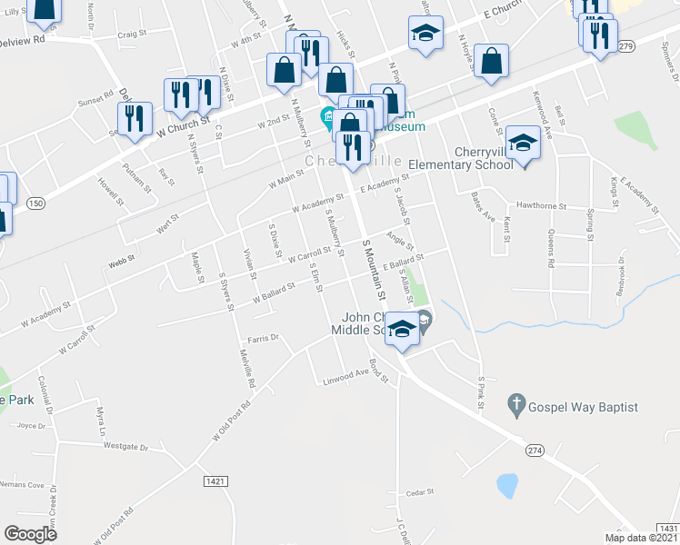 map of restaurants, bars, coffee shops, grocery stores, and more near 306 S Mulberry St in Cherryville
