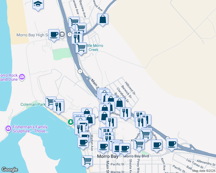 map of restaurants, bars, coffee shops, grocery stores, and more near 448 Radcliff Avenue in Morro Bay