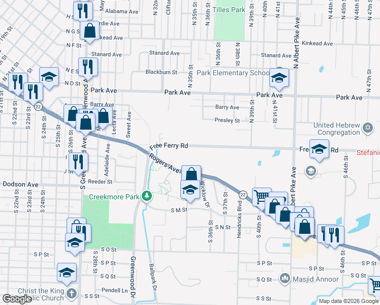 map of restaurants, bars, coffee shops, grocery stores, and more near 3400 Free Ferry Road in Fort Smith