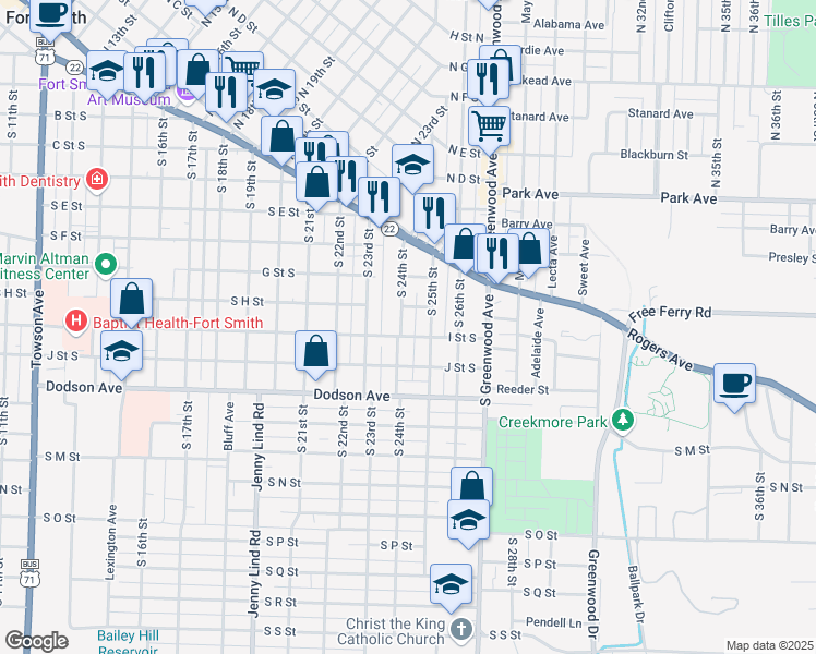 map of restaurants, bars, coffee shops, grocery stores, and more near 919 South 24th Street in Fort Smith