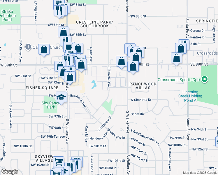 map of restaurants, bars, coffee shops, grocery stores, and more near 9399 South Shartel Avenue in Oklahoma City