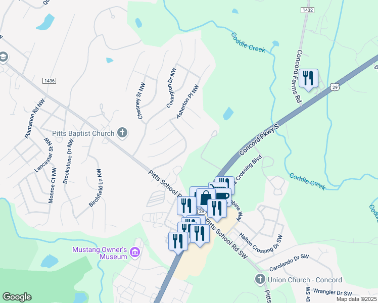 map of restaurants, bars, coffee shops, grocery stores, and more near 4939 Bentridge Drive Northwest in Concord