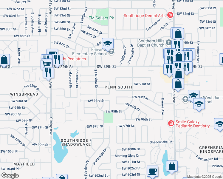map of restaurants, bars, coffee shops, grocery stores, and more near 9200 South Villa Avenue in Oklahoma City