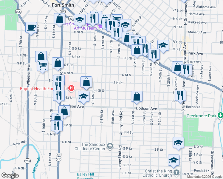 map of restaurants, bars, coffee shops, grocery stores, and more near 922 South 18th Street in Fort Smith