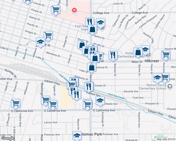 map of restaurants, bars, coffee shops, grocery stores, and more near 2124 Lake Street in Bakersfield