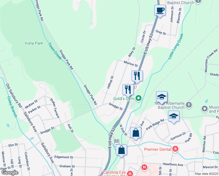 map of restaurants, bars, coffee shops, grocery stores, and more near 1452 Hilltop Street in Albemarle