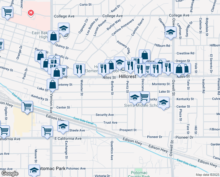 map of restaurants, bars, coffee shops, grocery stores, and more near 1126 Barlow St in Bakersfield