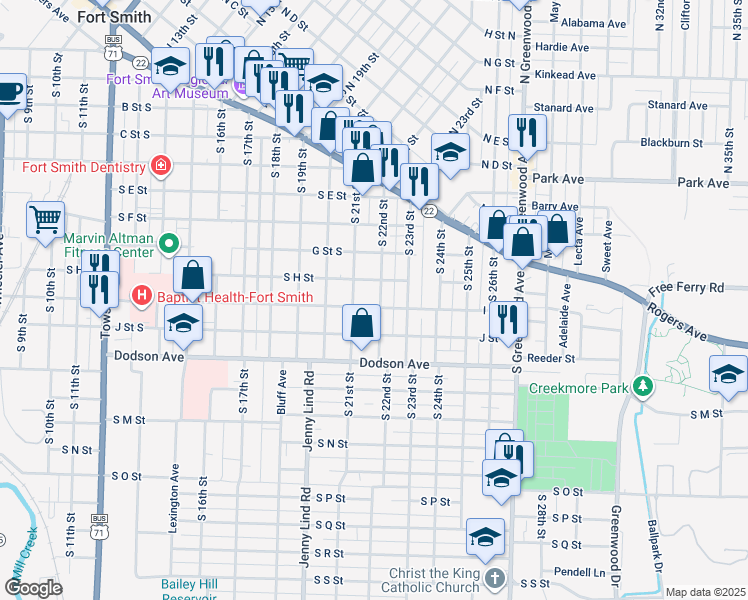 map of restaurants, bars, coffee shops, grocery stores, and more near 918 South 22nd Street in Fort Smith
