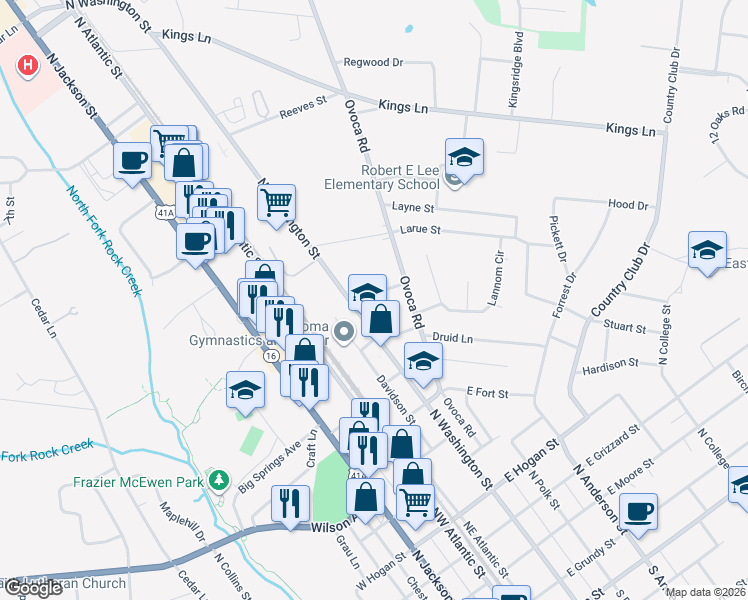 map of restaurants, bars, coffee shops, grocery stores, and more near 202 Tulsa Avenue in Tullahoma