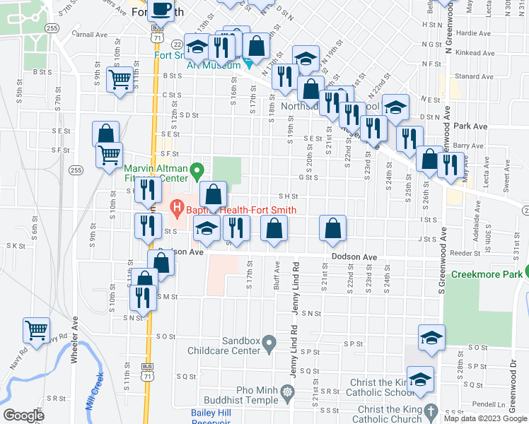 map of restaurants, bars, coffee shops, grocery stores, and more near 922 South 18th Street in Fort Smith