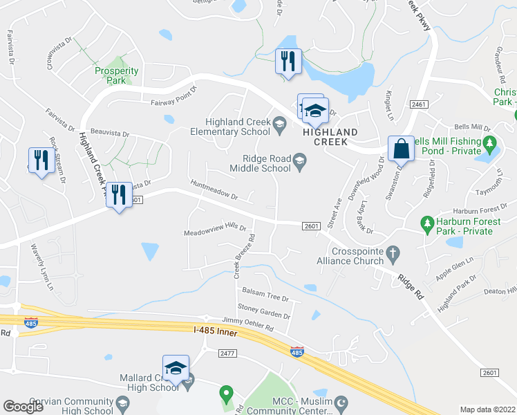 map of restaurants, bars, coffee shops, grocery stores, and more near 3901 Huntmeadow Drive in Charlotte