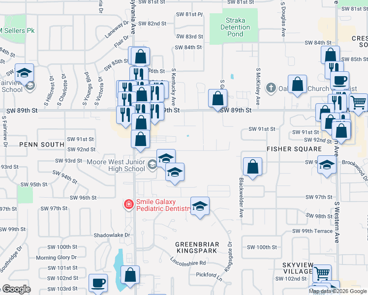 map of restaurants, bars, coffee shops, grocery stores, and more near 1501 Southwest 93rd Street in Oklahoma City