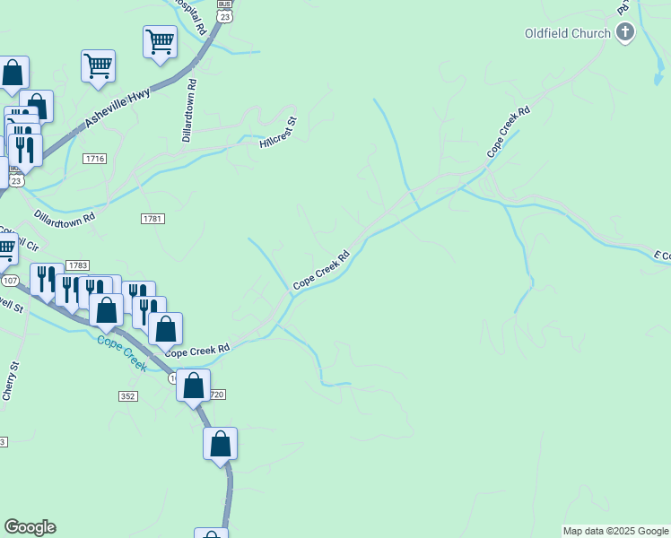 map of restaurants, bars, coffee shops, grocery stores, and more near 570 Cope Creek Road in Sylva